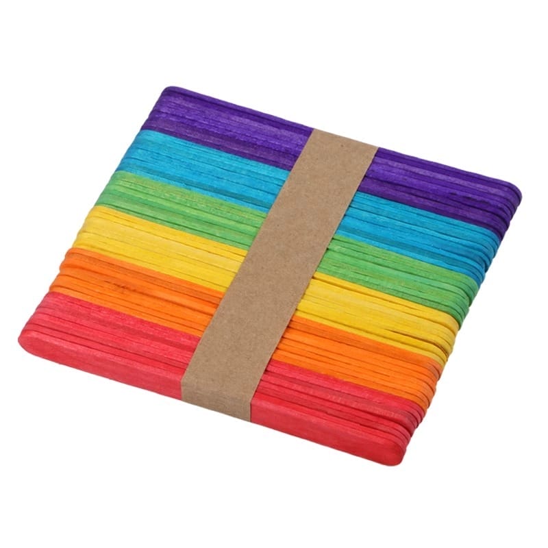Rainbow-colored wooden craft sticks, perfect for arts and crafts. Bulk pack of colorful popsicle sticks.