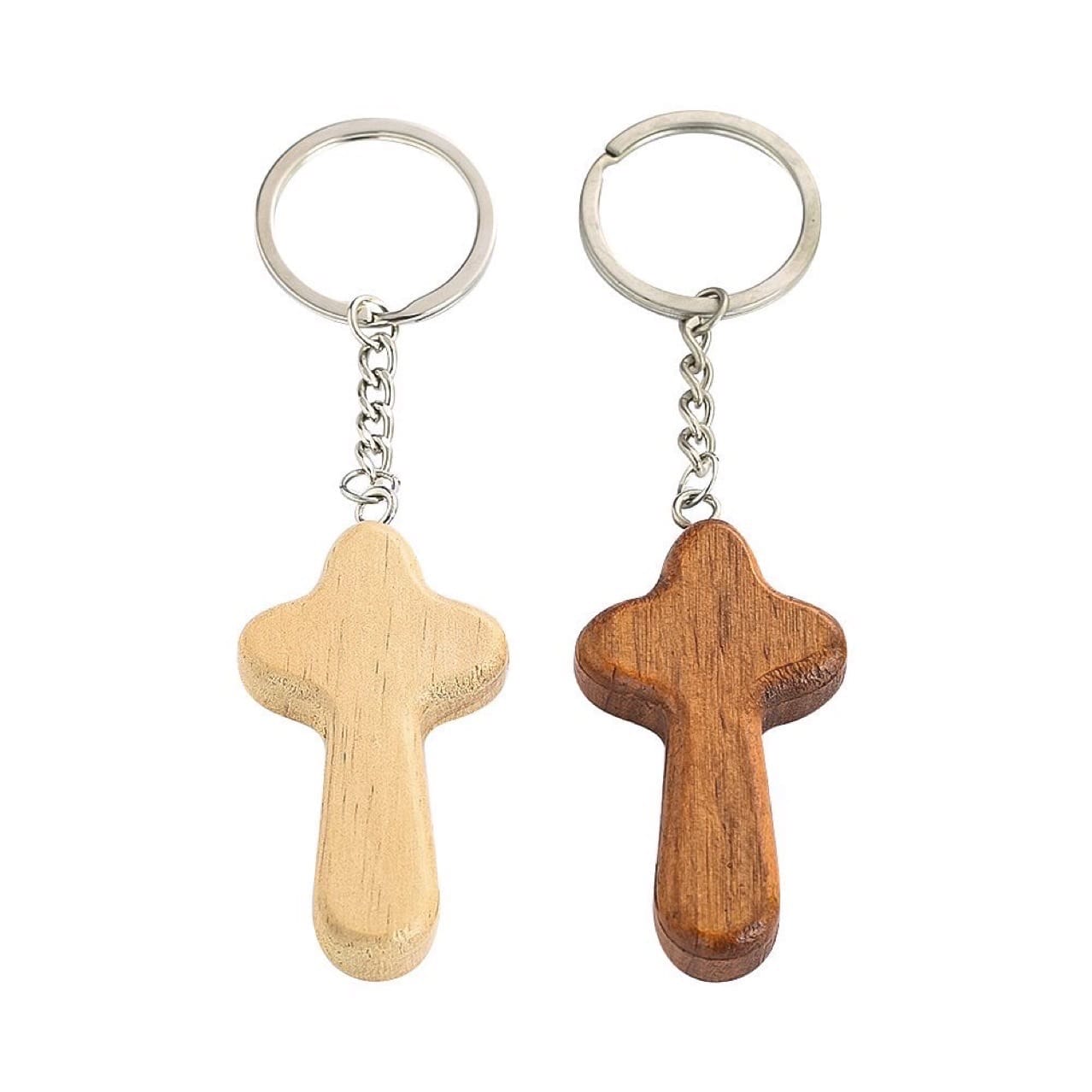 Two wooden cross keychains, one light and one dark brown. Custom wood cross keychains from a manufacturer.