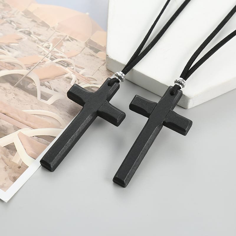 Men's black wooden cross necklace, black suede cord, crucifix pendant