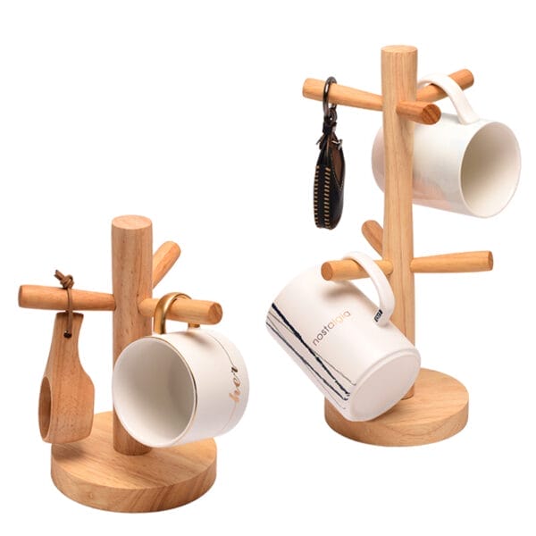Wooden cup holder rack & mug tree with key holder. Customizable with logo. Holds multiple mugs & features a unique wooden design.
