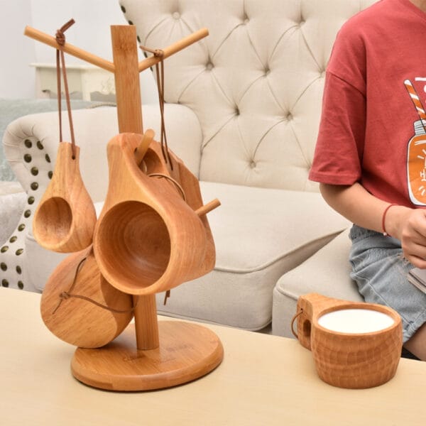 Bamboo wooden cup holder with hanging wooden cups. Custom logo coffee cup rack available.