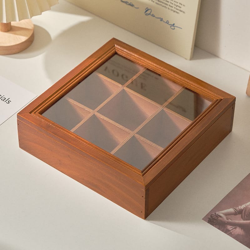 Wooden Display Box: 9-compartment organizer with glass top, perfect for displaying collectibles or tea.