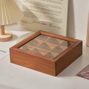 Wooden Display Box: 9-compartment organizer with glass top, ideal for tea, jewelry, or other small items.