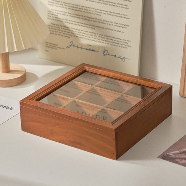 Wooden Display Box: 9-compartment organizer with glass top, ideal for tea, jewelry, or other small items.