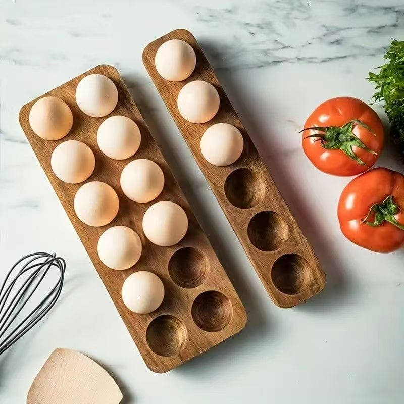 Eco-friendly wooden egg holder: Two long, rustic wooden trays filled with eggs, perfect for kitchen storage.