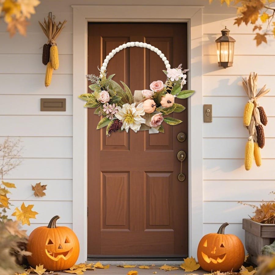 Elegant fall floral wreath with pastel flowers and gourds, hanging on a brown door. Wholesale laser-cut decor wreath.
