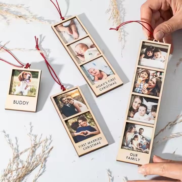 Wholesale wood craft frames with family photos, perfect for wholesale. "Noah's First Christmas," "First Married Christmas," "Our Family," and "Buddy" are visible.