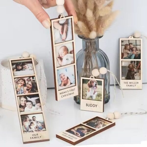 Wooden mini photo frames with family photos, perfect for wholesale. "Our Family," "Noah's First Christmas," etc.