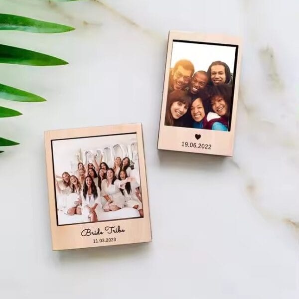 Two mini wooden photo frames displaying wedding party photos. Wholesale wood craft frames.