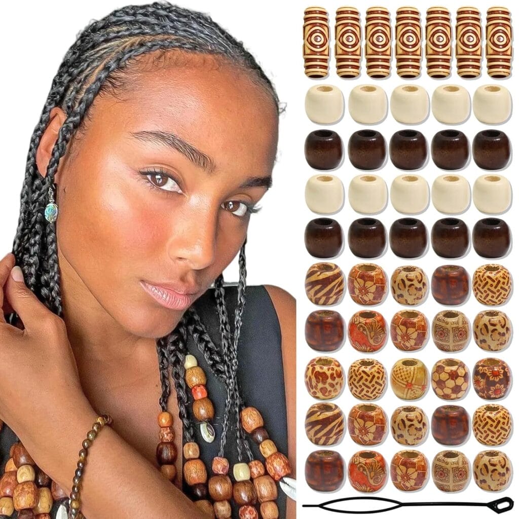 Woman with braids adorned with wooden hair beads. Variety of mixed color beads shown.