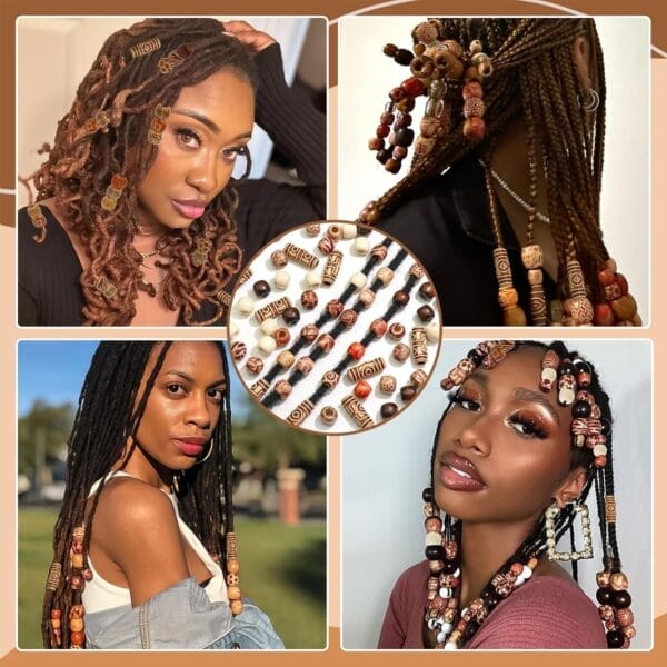 Wooden hair beads in various brown shades, perfect for dreadlocks or braids. Wholesale available.