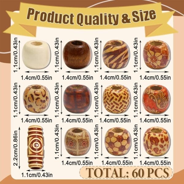 Assorted wooden hair beads in various colors and patterns. 60 pcs. Wholesale supplier.