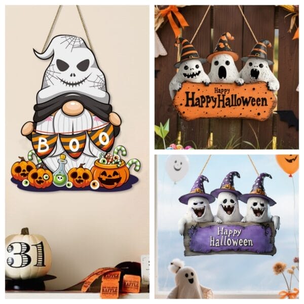Three wooden Halloween signs ghost signs: "Happy Halloween". Wooden hanging decorations. Wholesale supplier.