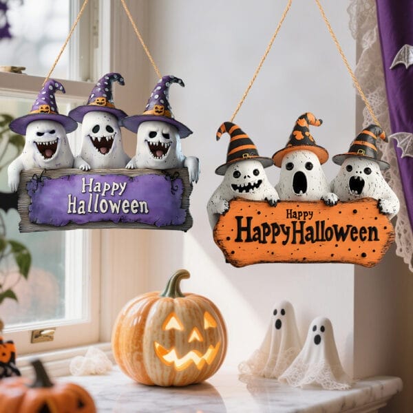 Three cute ghost Halloween hanging decorations with "Happy Halloween" signs. Perfect for spooky season!