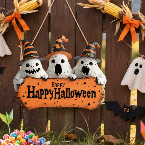 Three friendly ghosts in witch hats hold a "Happy Halloween" sign. Halloween decoration.