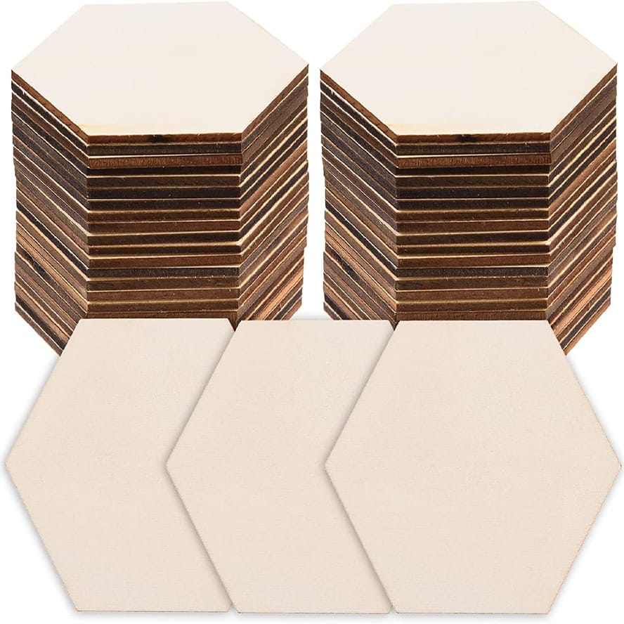 Fifty unfinished wooden hexagon blanks, perfect for crafting and decorating. Wholesale bulk pack.