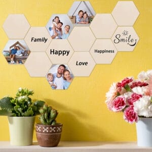 Wooden hexagon photo display: Set of blank wooden hexagon shapes for crafts and home decor. Perfect for displaying photos or creating unique wall art.