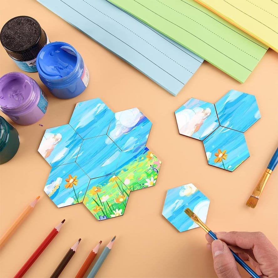 Painted wooden hexagon shapes; craft decoration, blank wood pieces for DIY projects.