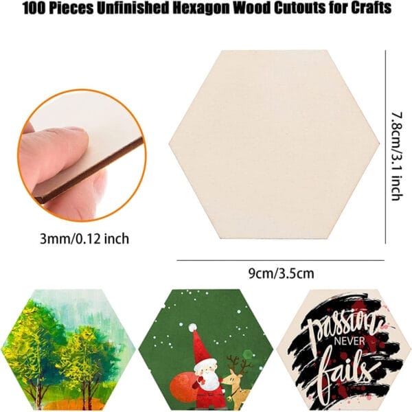 100 unfinished hexagon wood cutouts, 9cm, perfect for crafts. Wholesale wooden hexagons.