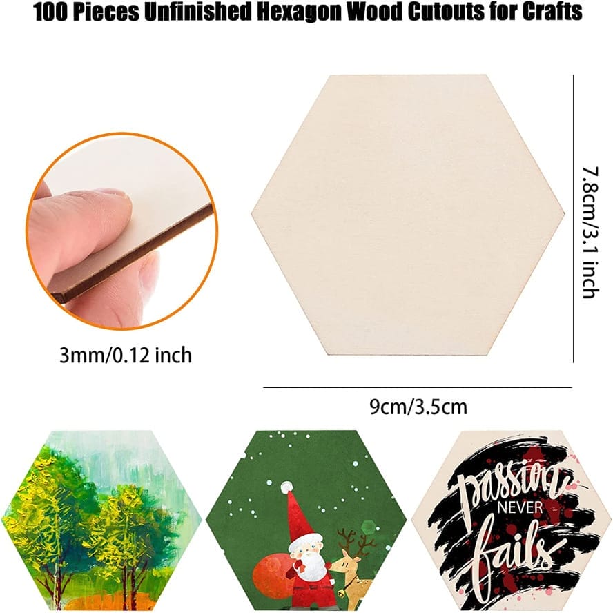 100 unfinished hexagon wood cutouts, 9cm, perfect for crafts. Wholesale wooden hexagons.