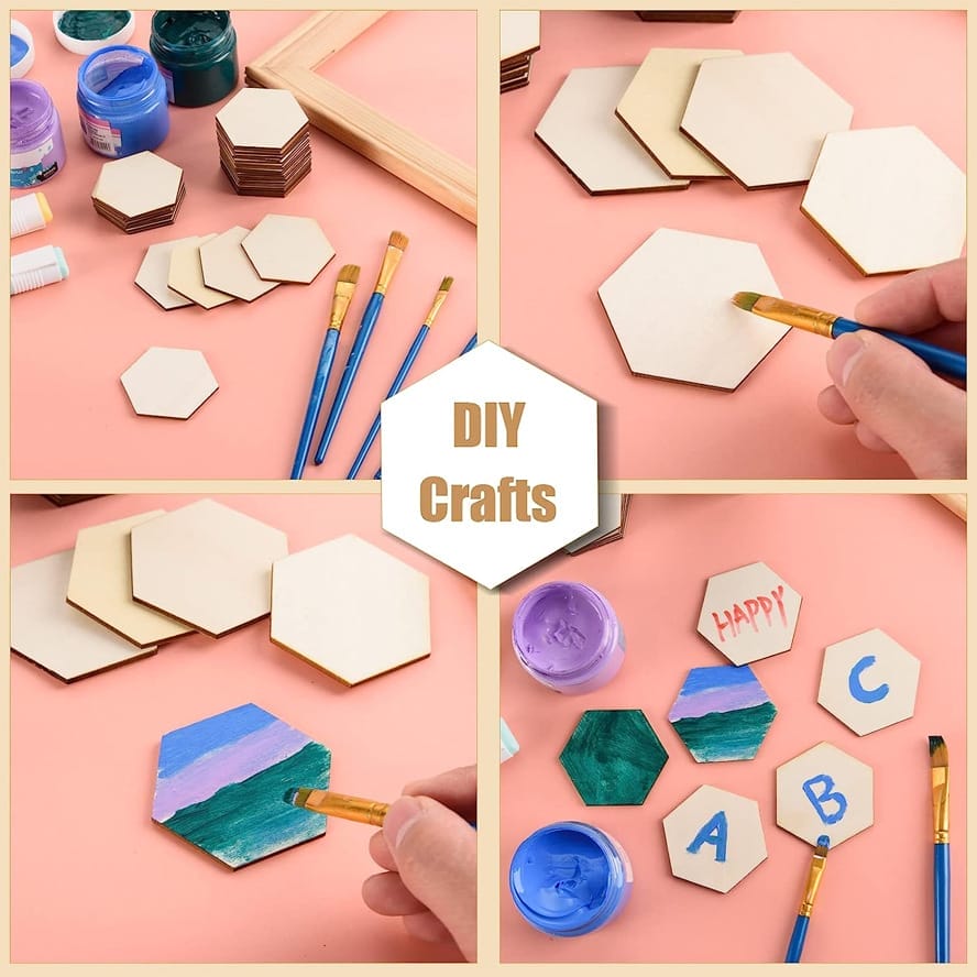 DIY craft project using wholesale wooden hexagon blanks. Paint and decorate your own unique pieces.