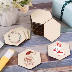 Wholesale Wooden Hexagon Craft Blanks: Set of blank wooden hexagon shapes, perfect for DIY projects and holiday decorations.