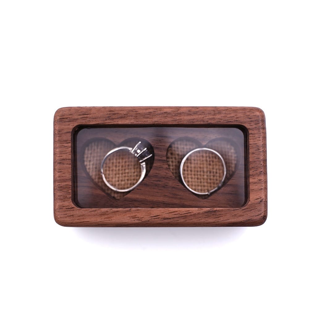 Walnut wooden ring box with two heart-shaped compartments, perfect for wedding or engagement rings.