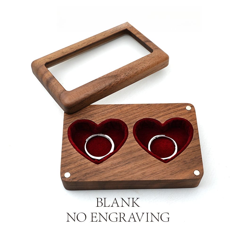 Walnut wood double ring box with heart-shaped compartments and red velvet lining. Perfect for wedding rings or other special jewelry.