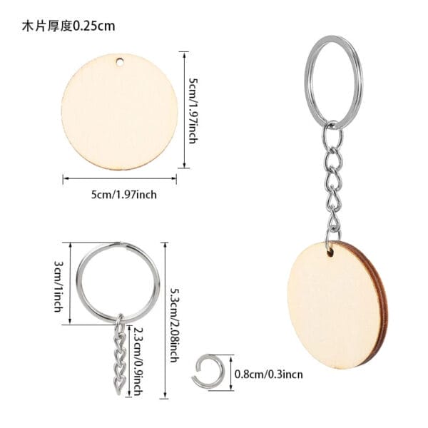 Wooden keychain blanks with dimensions, perfect for custom keychains. Wholesale supplier.