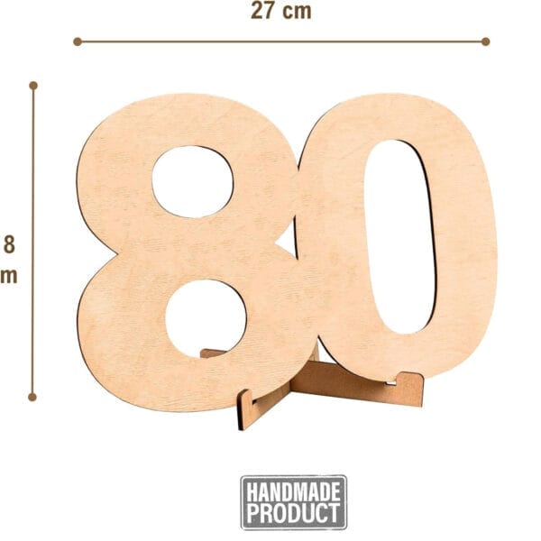 Wooden number 80, 27cm wide, 8cm high, freestanding, for home wall decor. Handmade product.