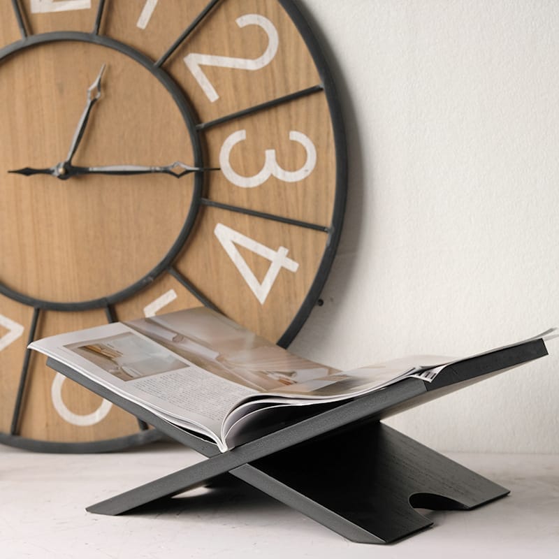 Black wooden magazine holder and book stand; stylish wood reading tray display rack