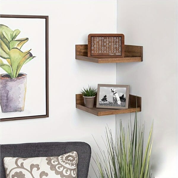 Dark brown wooden corner shelves, perfect for small spaces. Ideal for displaying photos, plants, and home decor.