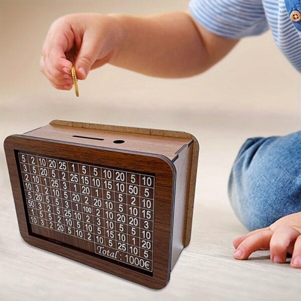 Wooden kids piggy bank for saving money. Features numbered slots and a classic design.