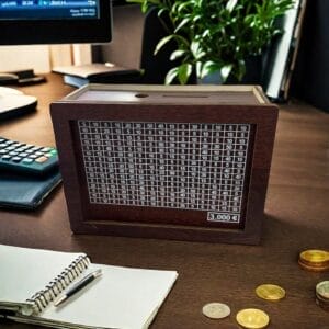 Personalised Wooden Money Box: Save your euros with this charming wooden piggy bank featuring a grid of coin slots for various amounts.