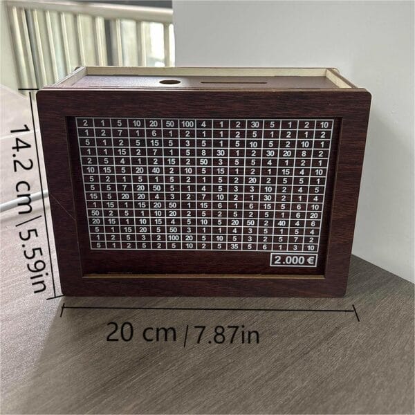 Wooden money box with slots for coins and banknotes; ideal for saving money and tracking finances.