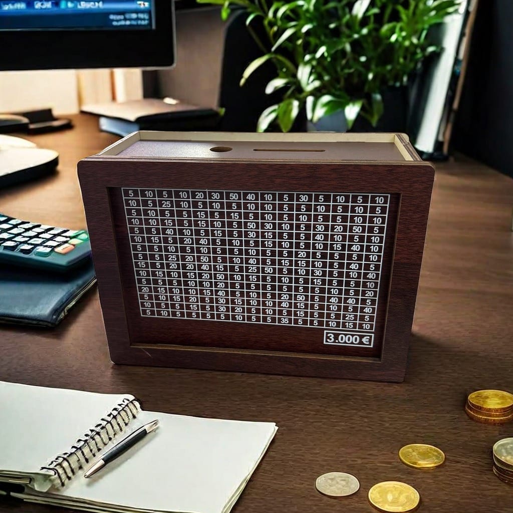 AUTO-DRAFT Wooden Money Box: Save your euros with this charming wooden piggy bank featuring a grid of coin slots for various amounts.