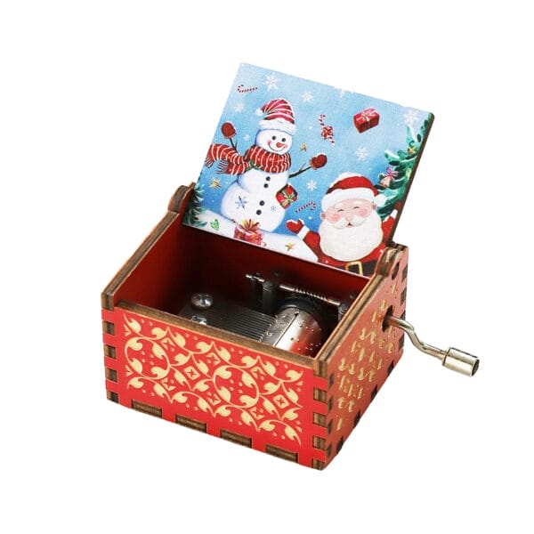Vintage Hand-Crank Wooden Music Box: Red wooden music box with Santa and snowman design, plays a Christmas tune.