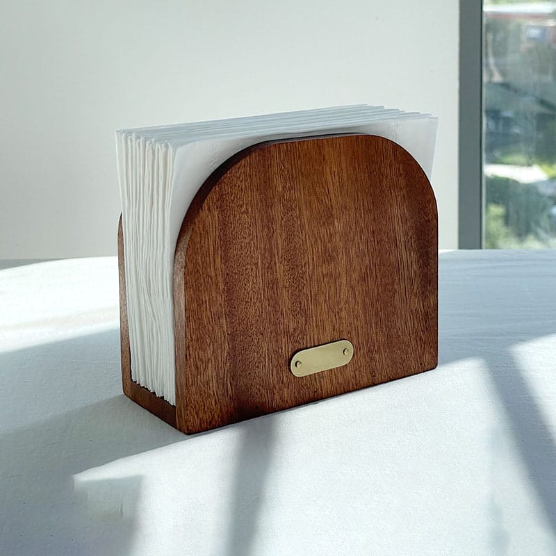 Wood napkin holder, wood tissue box stand for restaurants and homes. Features a dark wood finish and holds multiple napkins.