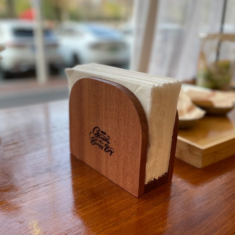 Wooden napkin holder, wood tissue box stand for restaurants. Vertical design, holds white napkins. Table decor.