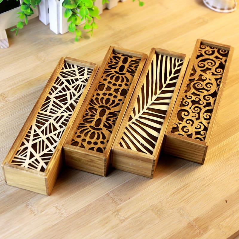 Custom Vintage Wooden Pencil Box: Set of four laser-cut wooden pencil boxes, perfect for stationery storage and organization.