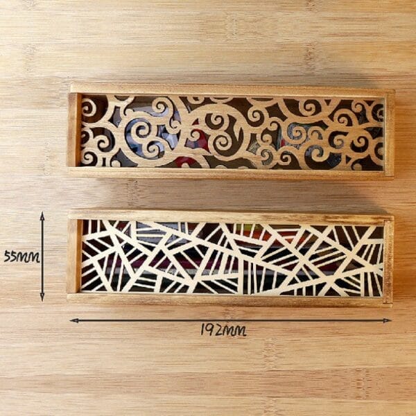 Custom Vintage Wooden Pencil Box: Two laser-cut wooden pencil boxes; one with swirling patterns, the other geometric. Perfect stationery organizers.