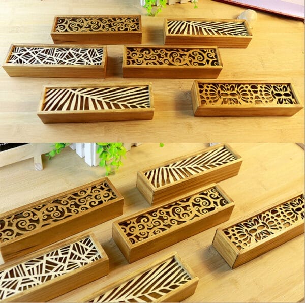 Custom Vintage Wooden Pencil Boxes: Set of laser-cut handmade wooden pencil boxes with unique vintage designs. Perfect organizers for stationery.