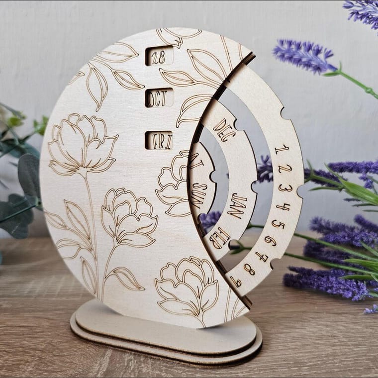 Wooden perpetual calendar with floral design. Customizable wholesale calendar.