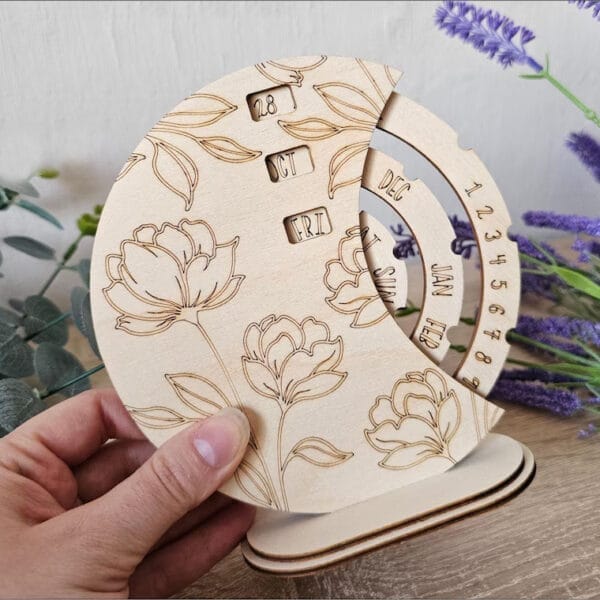 Wooden perpetual calendar with floral design. Customizable wholesale wood calendar.