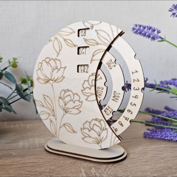 Wooden perpetual calendar with floral design. Wholesale wood calendar.
