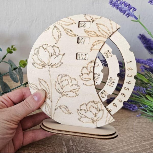 Wooden perpetual calendar with floral design. Shows October 28th, Friday. Wholesale wood calendar.