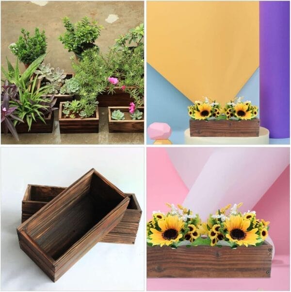 Rustic wooden planter box, perfect for succulents, sunflowers & more. Wholesale & custom options available.