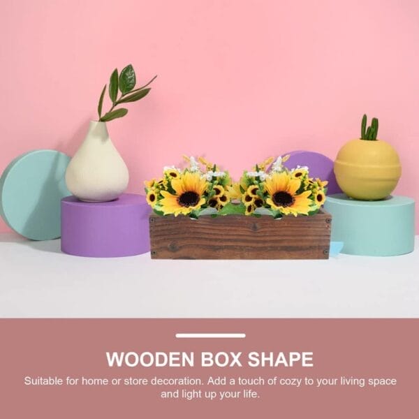 Rustic wooden planter box filled with sunflowers, perfect for farmhouse or home decor. Wholesale custom options available.