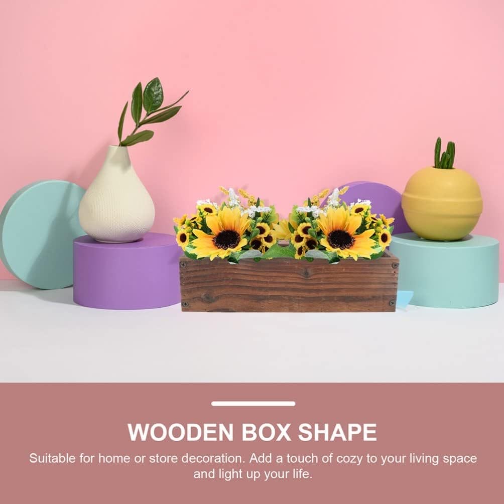 Rustic wooden planter box filled with sunflowers, perfect for farmhouse or home decor. Wholesale custom options available.