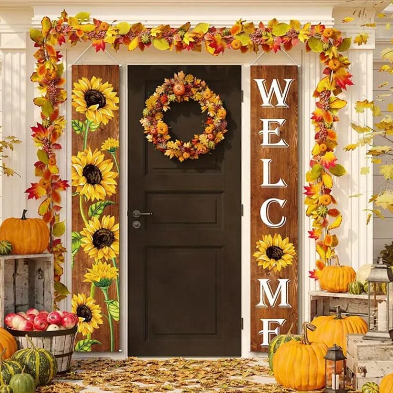 Autumn harvest wooden porch signs decor: sunflowers, "WELCOME" sign, and fall wreath. Thanksgiving sunflower series.